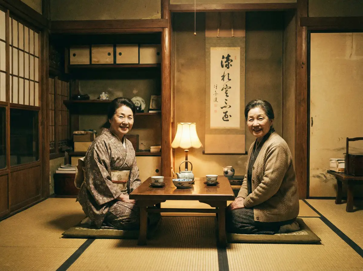 两位优雅的 胜游亚洲平台 在日式茶室中品茶交谈